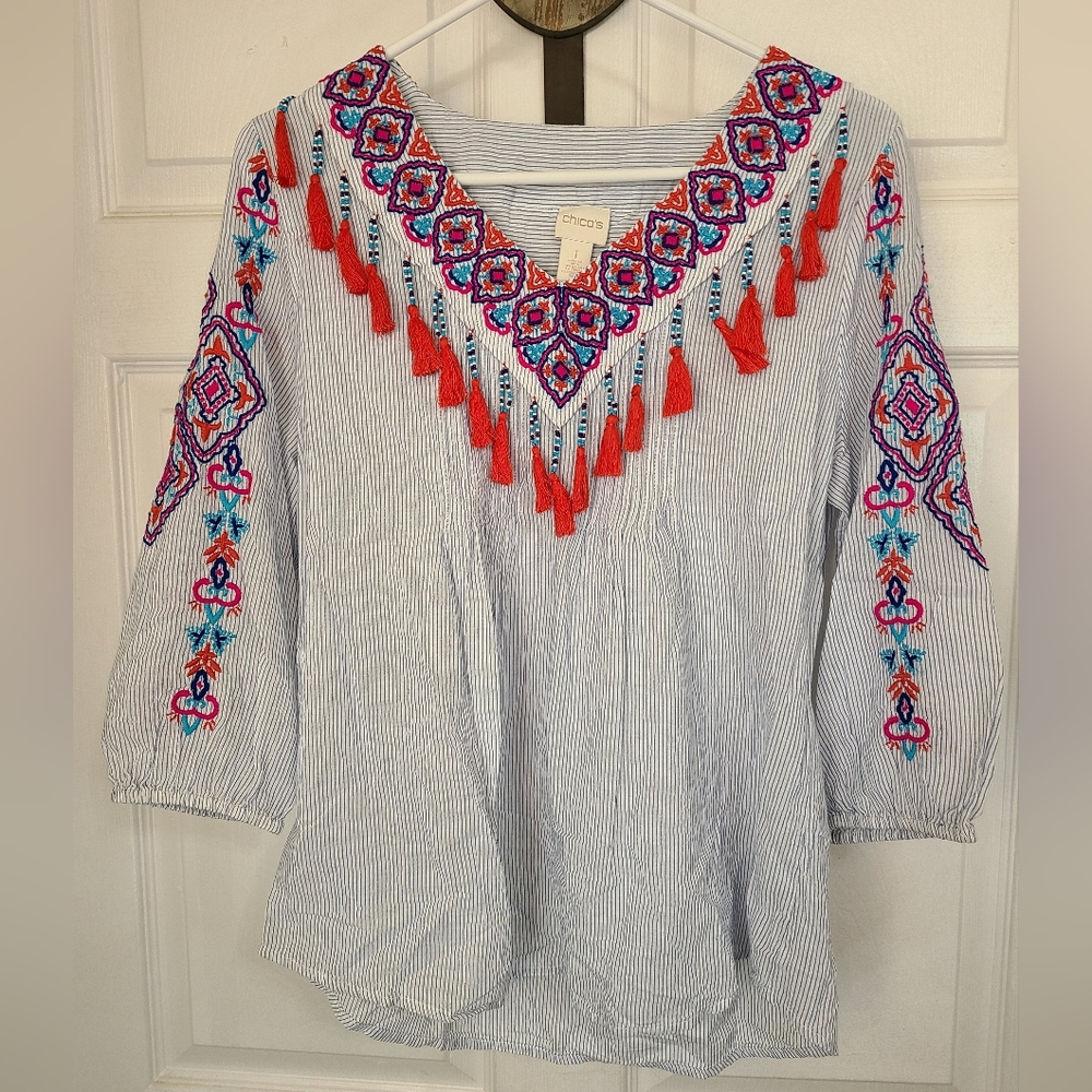 Chino's Woman's Boho Style Blouse,  Size: 1 Color: Blue and White